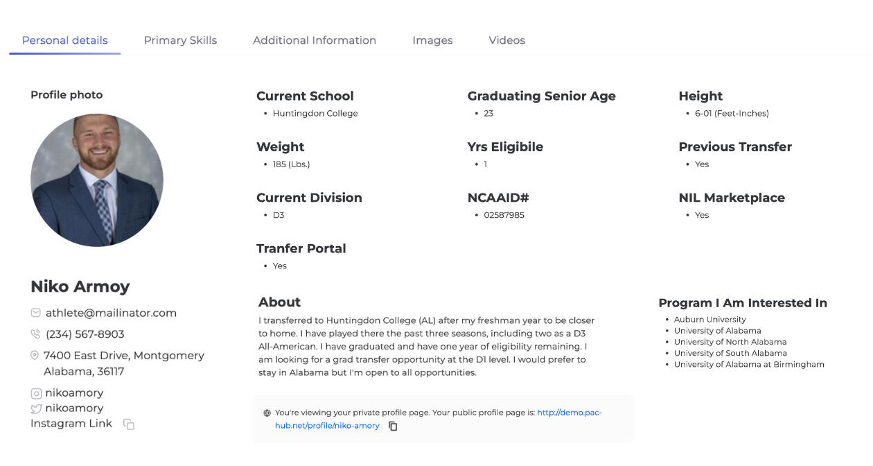 PAC-HUB Player Profile Page